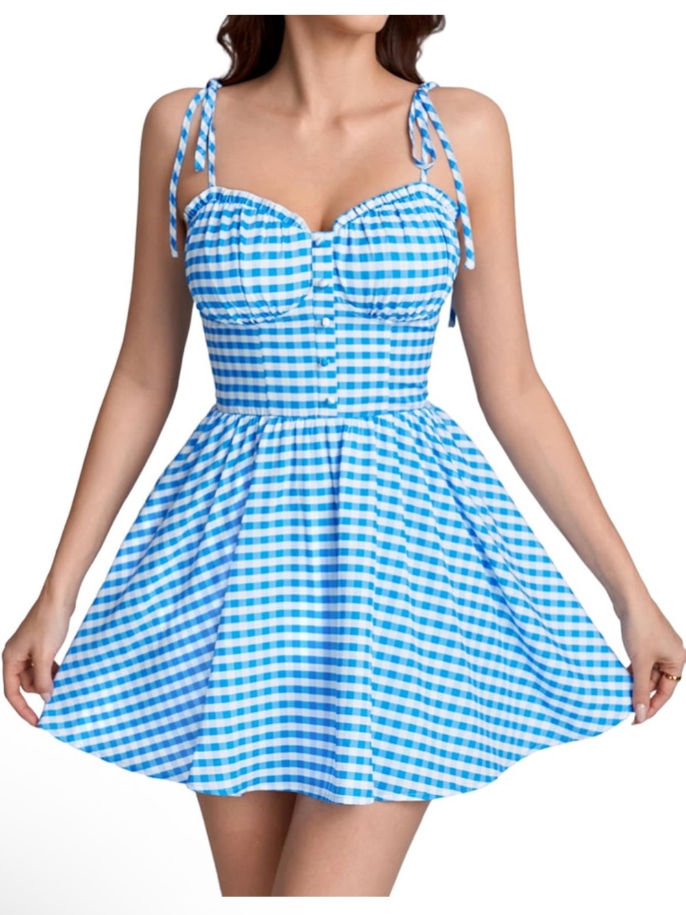 NWT Glnege Blue Gingham Tie-Shoulder Sundress S H67